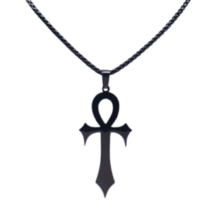 Stainless steel ankh necklace with chain available in silver and black finishes.