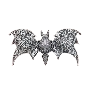 Bat hair clip in silver with intricate embossed detailing.