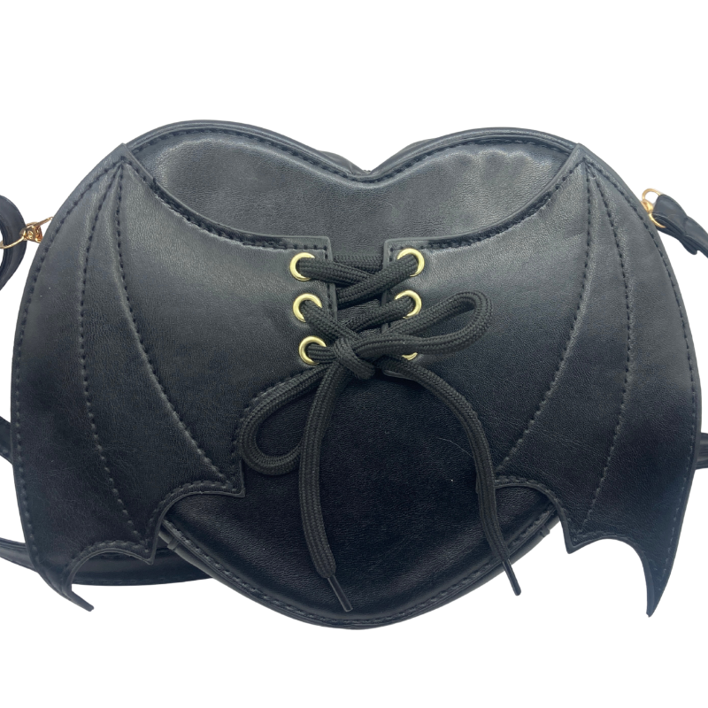 Black gothic hearth shaped faux leather handbag with bat wings, corset lace-up front, gold eyelets and adjustable strap