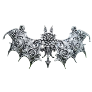ornate silver gothic batwing hair clip with Victorian filigree scrollwork and floral details