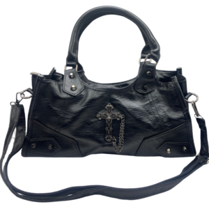 Black soft faux leather gothic tote bag with ornate metal cross, hanging chain, studded panels, carry handles and adjustable shoulder strap.