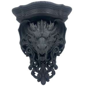 matte black 3d printed gothic dragon corbel wall shelf with baroque scrollwork and dragon head detail. Fantasy wall bracket decor.