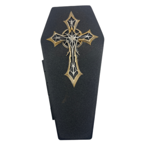 Matte black 3D printed coffin jewellery box with ornate gothic cross on lid. Velvet lined gothic storage box.