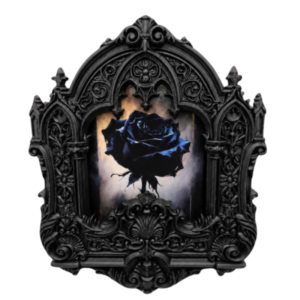 matte black 3d printed gothic edifice photo frame with baroque scrollwork and gothic arch detail. Ornate wall frame for art and photos.