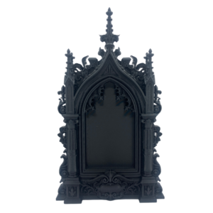 Matte black 3D printed gothic altar shrine with cathedral spires and gothic arch.