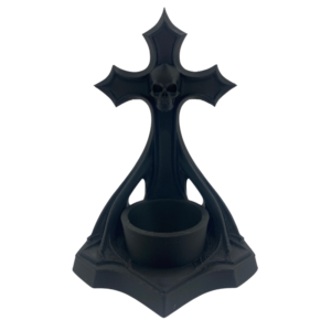 Matte black 3D printed gothic cross holder for LED candles. Gothic altar decor and dark home decor.