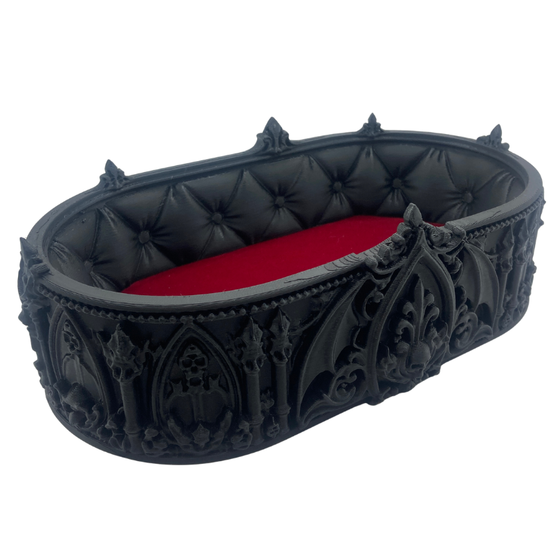 Matte black 3d printed gothic trinket tray with skulls and bat wings. Red velvet lined jewellery dish 23x12 cm gothic decor.