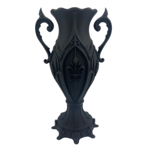 Matte black 3D printed urn vase with fleur de lis and ornate handles. Gothic hime and dark academia flower vase.