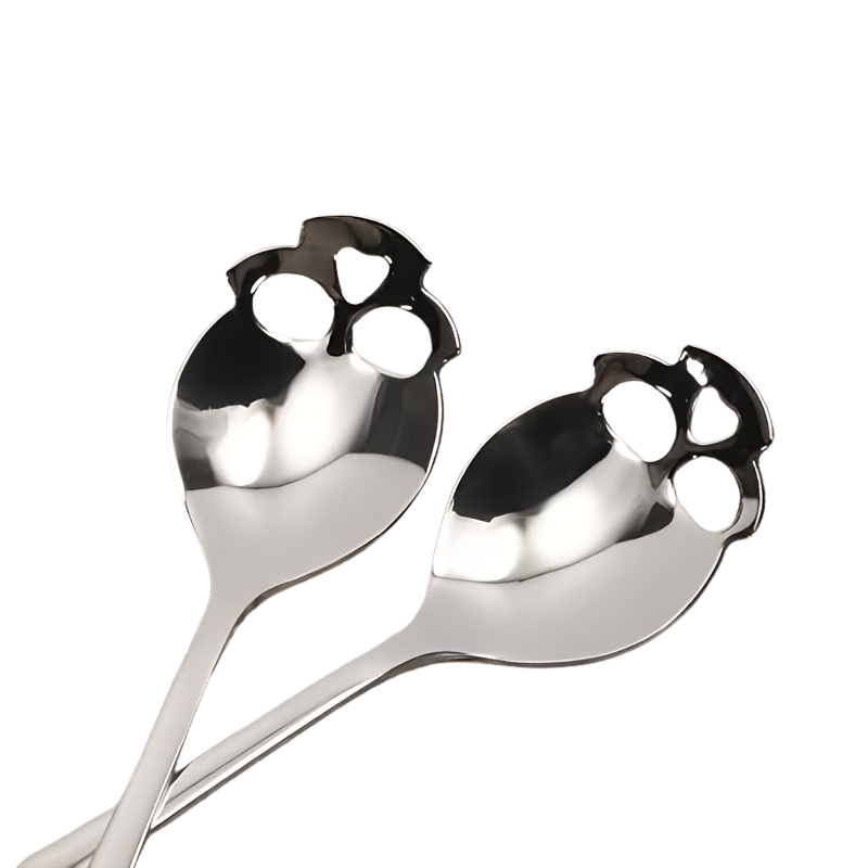 Polished stainless steel gothic 20 cm skull spoon with skull head bowl. Gothic cutlery and dessert spoon.
