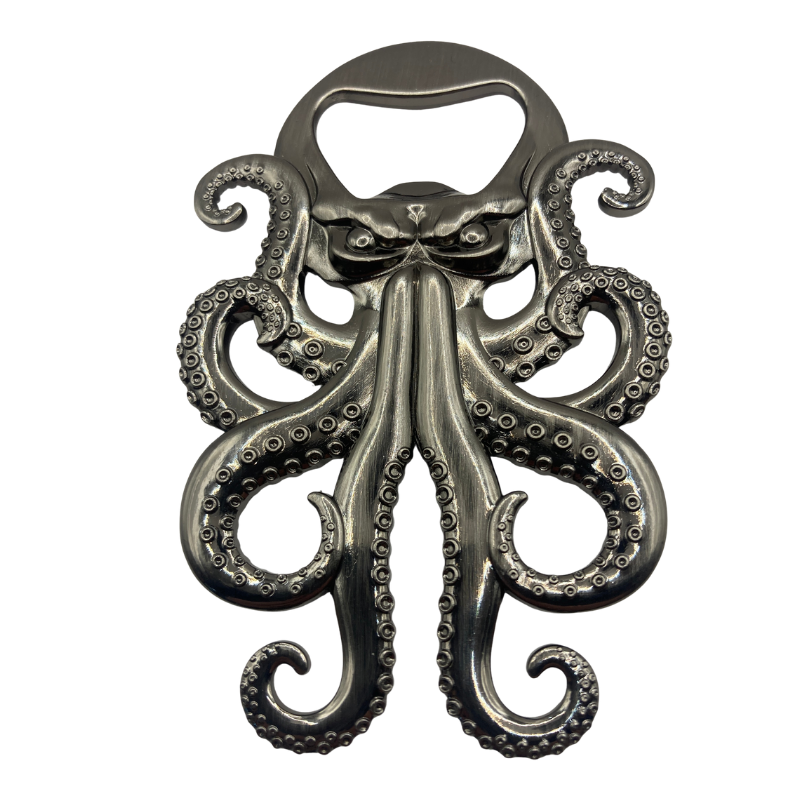 gunmetal zinc alloy kraken bottle opener with detailed tentacles and angry face, nautical barware