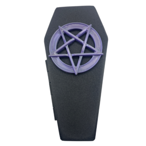 matte black 3d printed pentagram coffin jewellery box with purple pentagram. Velvet lined gothic storage box.