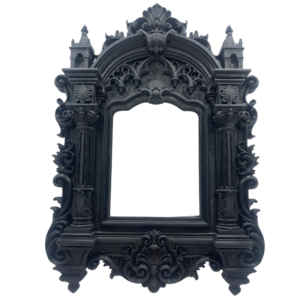 Matte black 3D printed gothic facade frame with baroque scrollwork, gothic arches and spires. Ornate wall frame for mirror or art.