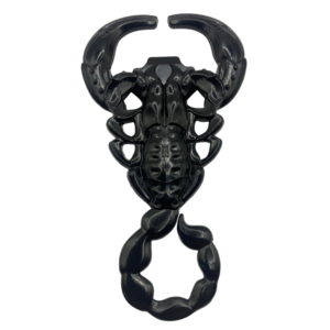 Black zinc alloy scorpion bottle opener with raised pincer and curled tail, glossy gothic barware tool.