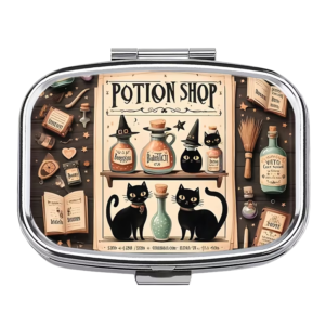potion shop pill box with black cats and potions
