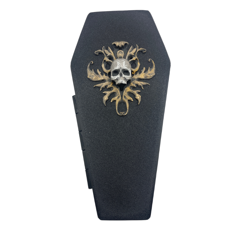 Matte black 3D printed skeleton coffin jewellery box. Velvet lined gothic storage box.