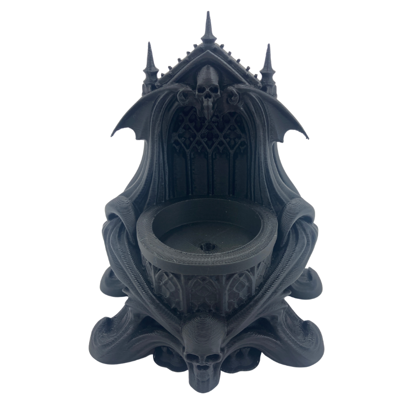 Matte black 3D printed skull candle holder with skulls and bat wings. Gothic cathedaral LED candle holder for altar decor.