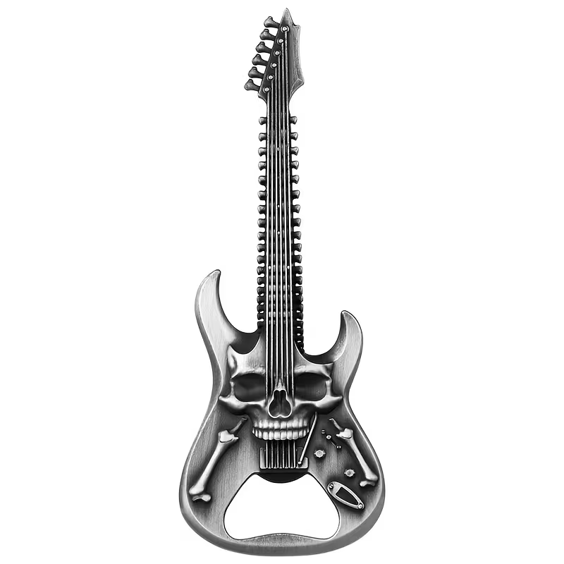 Stainless steel skull and electric guitar bottle opener. Rock metal guitar beer opener for musicians and rock fans.