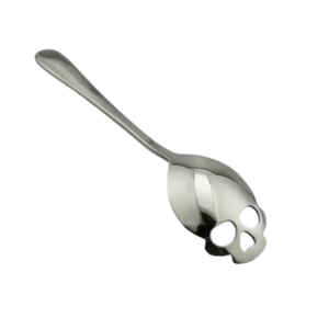 Polished stainless steel gothic 15 cm skull spoon with skull head bowl. Gothic cutlery and dessert spoon.