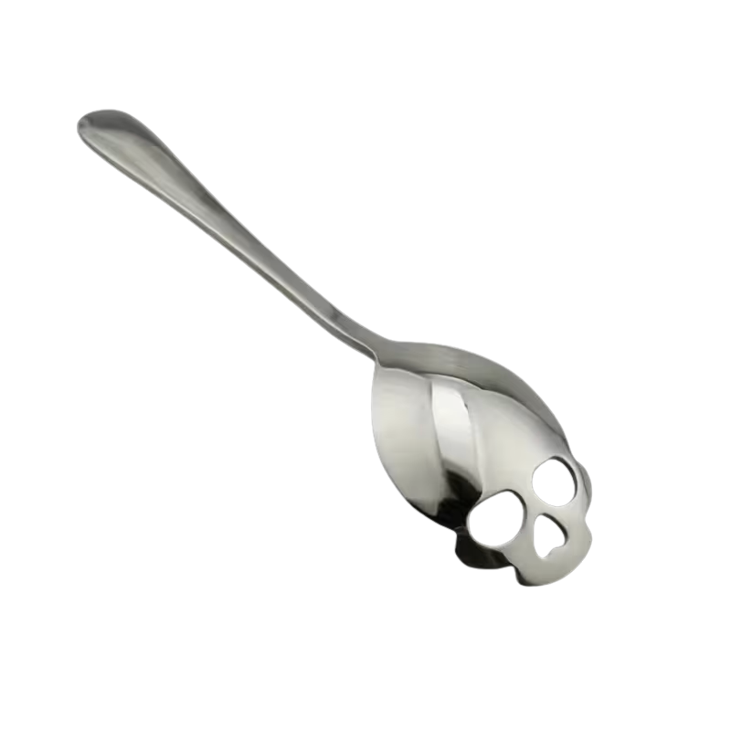Polished stainless steel gothic 15 cm skull spoon with skull head bowl. Gothic cutlery and dessert spoon.