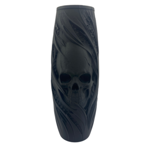 Matte black 3D printed skull case with detailed skull face and flowing design. Gothic home decor and dark academia vase.