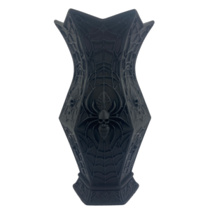 Matte black 3D printed gothic vase with spiderwen and skull spider design. Gothic home decor and dark academia flower vase.