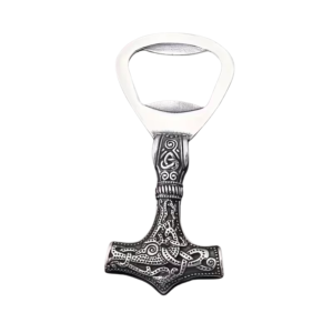 Silver alloy Viking hammer bottle opener with Norse knotwork design. Norse barware and Viking gift for men.