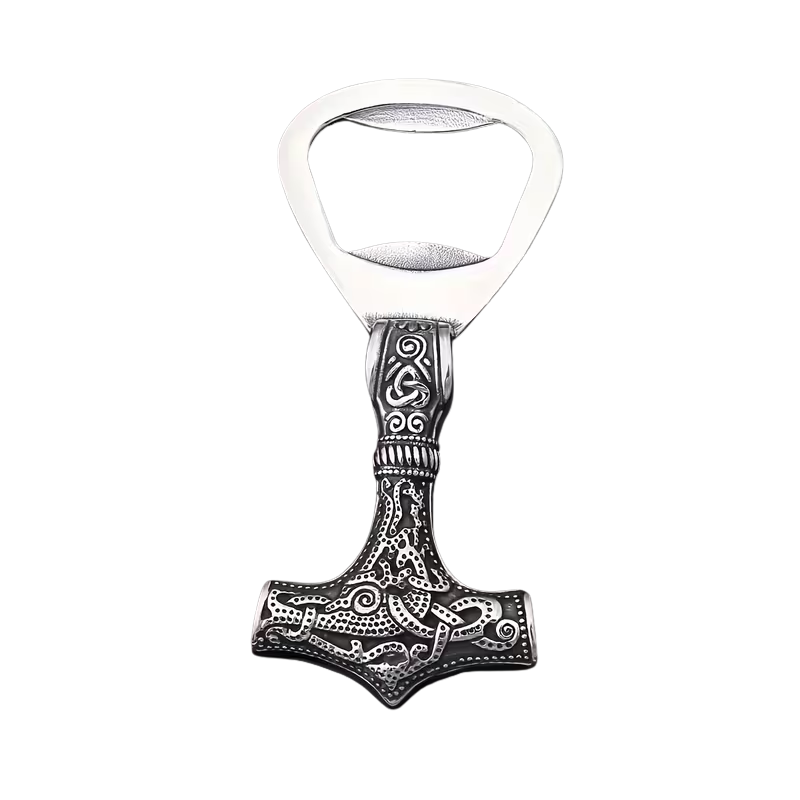 Silver alloy Viking hammer bottle opener with Norse knotwork design. Norse barware and Viking gift for men.