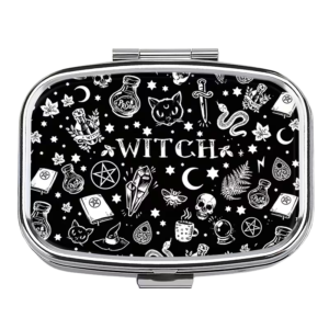 Witchy occult black pill box with illustrations of pentagrams, moons, cats, crystals and potions.