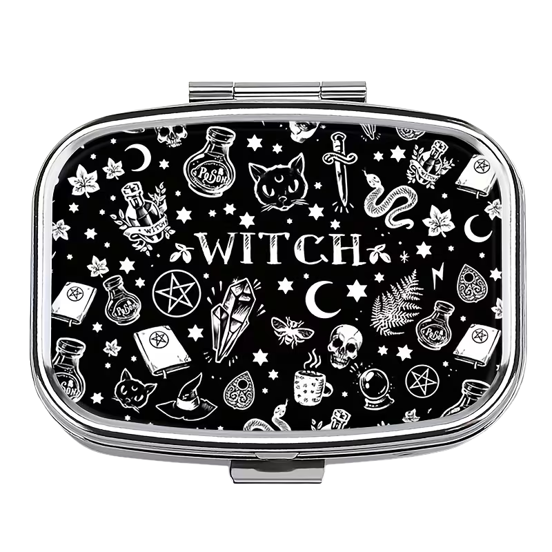 Witchy occult black pill box with illustrations of pentagrams, moons, cats, crystals and potions.