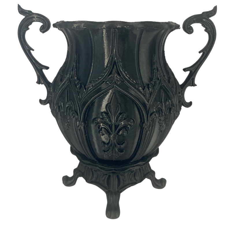 Baroque Vase, 3D printed in shiny black PETG with ornate handles, gothic arches, a fleur-de-lis detailing and clawed feet