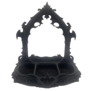 3d printed black jewellery stand with four velvet lined compartments