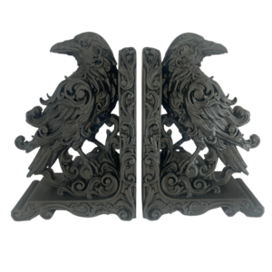 Black 3d printed raven bookends with detailed scrollwork.