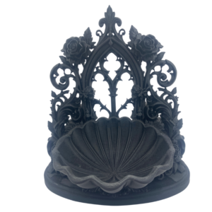 Matte black 3D printed gothic dish with cathedral window tracery, sculpted roses and scalloped shell bowl. Romantic goth decor for jewellery, crystals or altar styling.