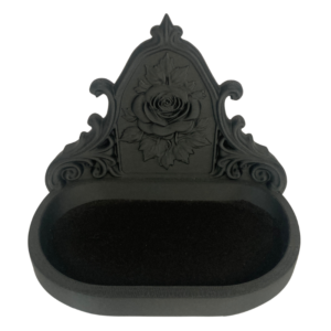3D printed in black, the rose trinket tray has a velvet-lined compartment. Perfect for romantic goth decor for jewellery, crystals or altar styling.