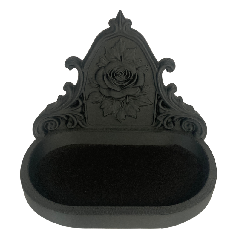 3D printed in black, the rose trinket tray has a velvet-lined compartment. Perfect for romantic goth decor for jewellery, crystals or altar styling.