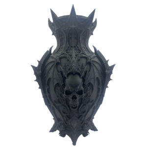 Black 3D printed gothic vase with skull, bat wings and spike detailing.