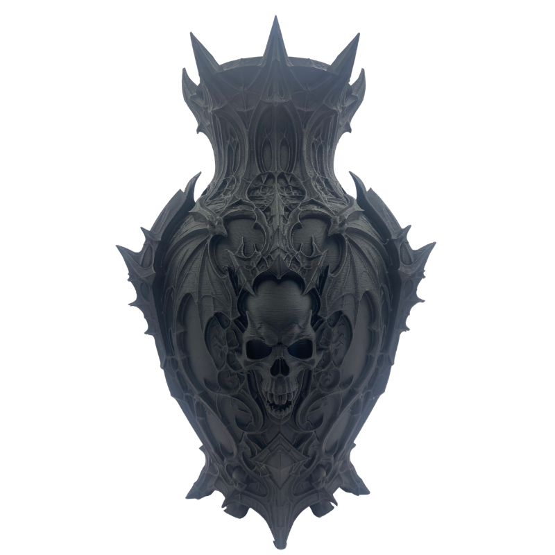 Black 3D printed gothic vase with skull, bat wings and spike detailing.