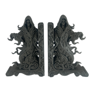 Black 3d printed wraith bookends with detailed scrollwork.