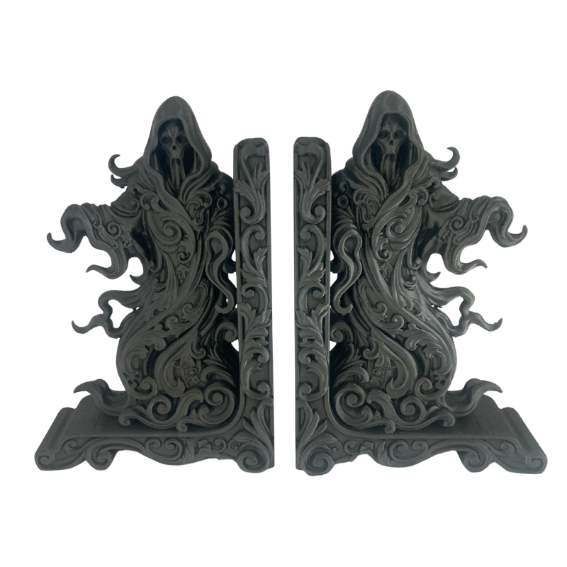 Black 3d printed wraith bookends with detailed scrollwork.