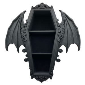 Gothic bat wings coffin shelf - 3D printed in high-detail PLA and finished in matte black. Features detailed bat wings, a coffin shaped surround and three small shelves. Lightweight, wall-mountable, and made for Gothic, fantasy, or dark academia spaces.