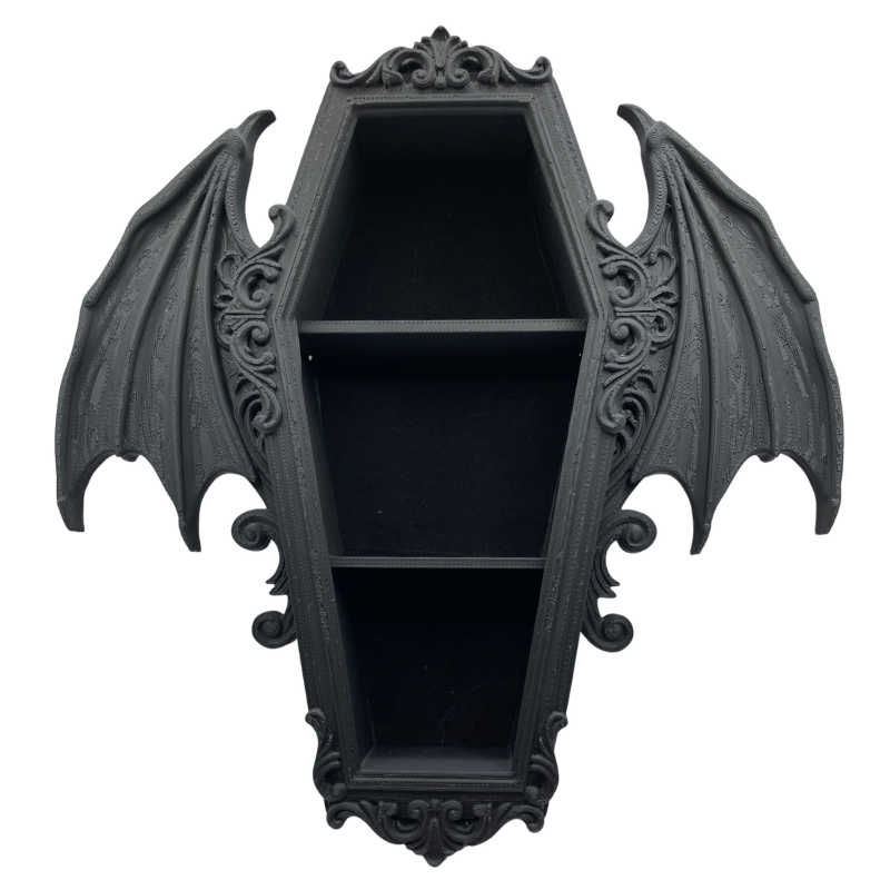 Gothic bat wings coffin shelf - 3D printed in high-detail PLA and finished in matte black. Features detailed bat wings, a coffin shaped surround and three small shelves. Lightweight, wall-mountable, and made for Gothic, fantasy, or dark academia spaces.
