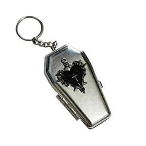 The black heart portable ashtray ay featuring a black heart design on the lid. Unique gift or accessory for lovers of alternate style.