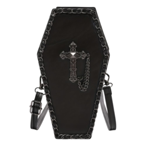 The metal cross coffin handbag madeade from faux leather has a gothic cross centrepiece, chain trim embellishments, a single zippered compartment and an adjustable strap. Perfect for goth, punk and alternative outfits.