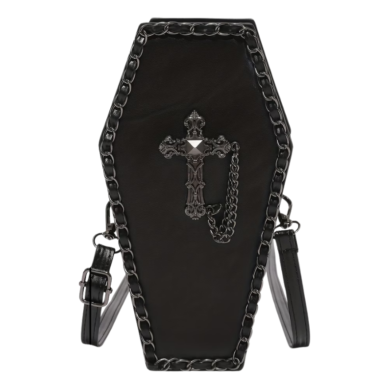 The metal cross coffin handbag madeade from faux leather has a gothic cross centrepiece, chain trim embellishments, a single zippered compartment and an adjustable strap. Perfect for goth, punk and alternative outfits.