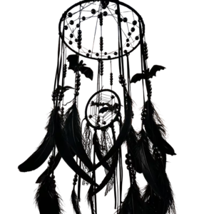 Black gothic midnight flight dream catcher with feathers, beads and plastic bats.