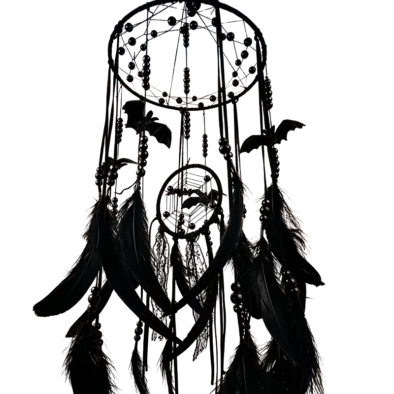 Black gothic midnight flight dream catcher with feathers, beads and plastic bats.