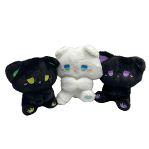 Cute and sad goth kitten plushie with large tearful eyes and floppy ears, available in various colors to fit a dark alternative aesthetic.
