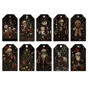 Gothmas gift tags featuring spooky skulls, reindeer, & creepy snowmen. Perfect for sending alternative Creepmas wishes! Assorted set of 10 tags, rope included.