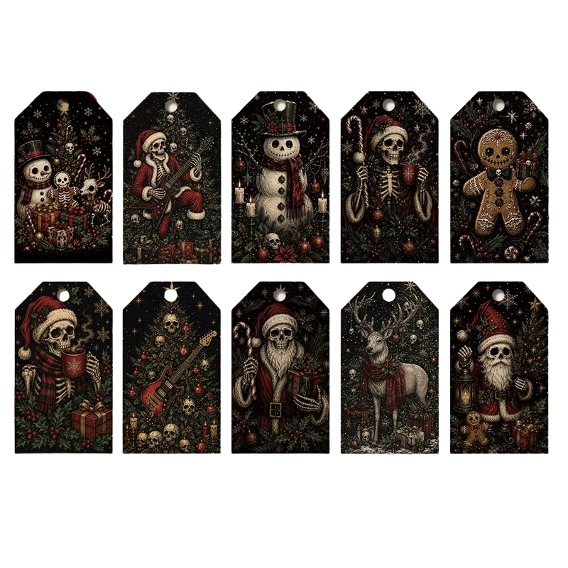 Gothmas gift tags featuring spooky skulls, reindeer, & creepy snowmen. Perfect for sending alternative Creepmas wishes! Assorted set of 10 tags, rope included.