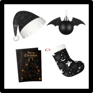 Shop gothic Christmas decor and alternative holiday gifts. Find black wreaths, bat baubles, skull stockings, and unique Creepmas cards here.